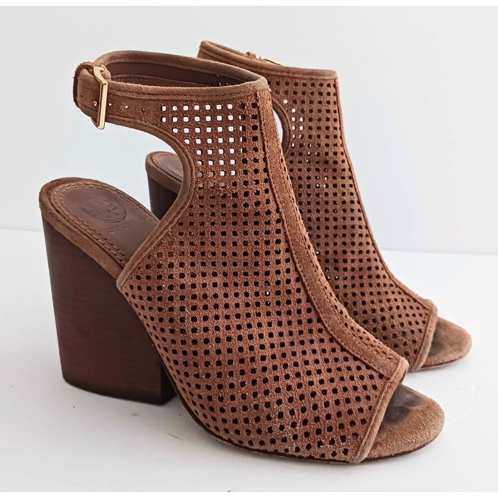 Tory Burch Jesse Laser Cut Brown Suede Chunky Block Heel Ankle Strap Dustbag S/7